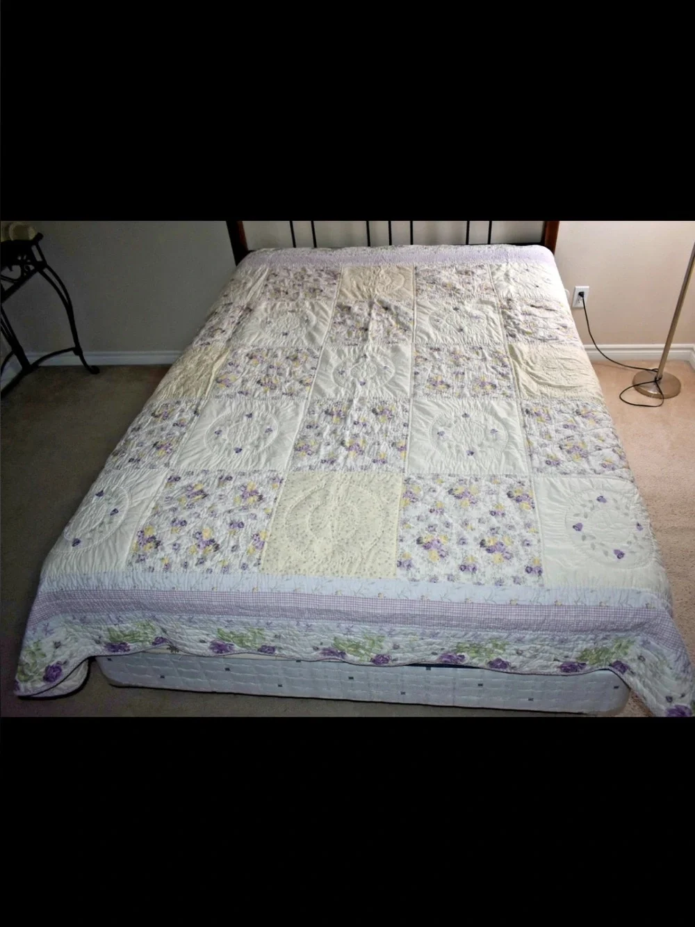 Vintage Quilt Full Queen Blanket Floral Flower embroidered Beads Country Cottage